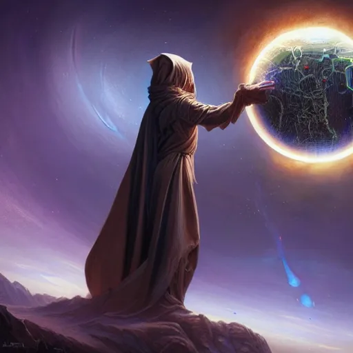 Image similar to the creator of worlds wearing a cloak and holding a holographic planet projection in his hand, detailed, sci - fi, digital painting, artstation, sharp focus, illustration, ominous, artgerm, tomasz alen kopera, peter mohrbacher, donato giancola, joseph christian leyendecker, wlop, frank frazetta