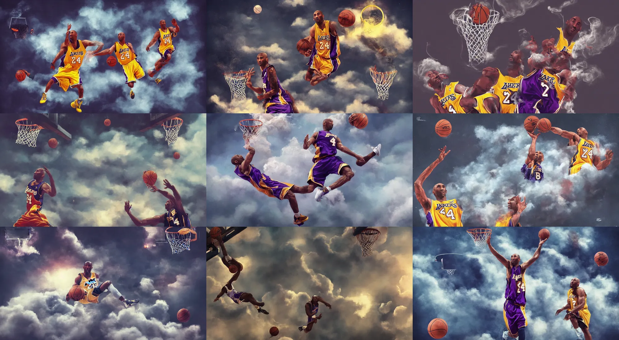 Prompt: 8 k | kobe bryant floating amongst the clouds, smoking a joint and getting high as cloud 9 while a basketball falls into a hoop behind him | trending on artstation, beautiful godrays