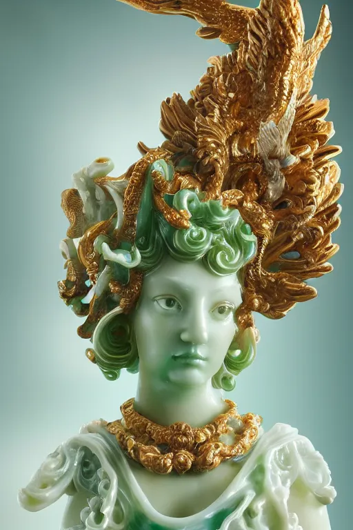 Image similar to a closeup photo, rococo alabaster and jade real delicate ceramic porcelain sculpture of an ornate detailed phoenix goddess in front of an intricate background by rafael, micro detail, backlit lighting, subsurface scattering, translucent, thin porcelain, emerald, jade, octane renderer, colorful, physically based rendering, trending on cgsociety