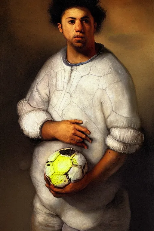 Prompt: portrait of ronaldo nazario holding a soccer ball, painting by rembrandt, high quality, very beautiful, detailed, 4 k