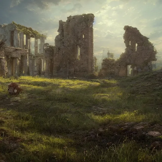 Prompt: a beautiful painting of a ruin in the grassland by elson peter and greg rutkowski and thomas kinkade. in style of concept art. 4 k texture. ray tracing. sharp lines, hyper detailed. octane render. trending on artstation