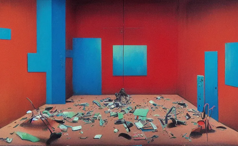 Prompt: an empty room in the style of constructivism, exhibition of paintings, trash bag on head, blurred, grotesque, doomed, neural acrylic paint, high resolution, gouache on canvas, ultra detailed, vibrant colors, grotesque, wrapped thermal blue and red background, seapunk, expressionism, slimey, art by francis bacon, beksinski painting