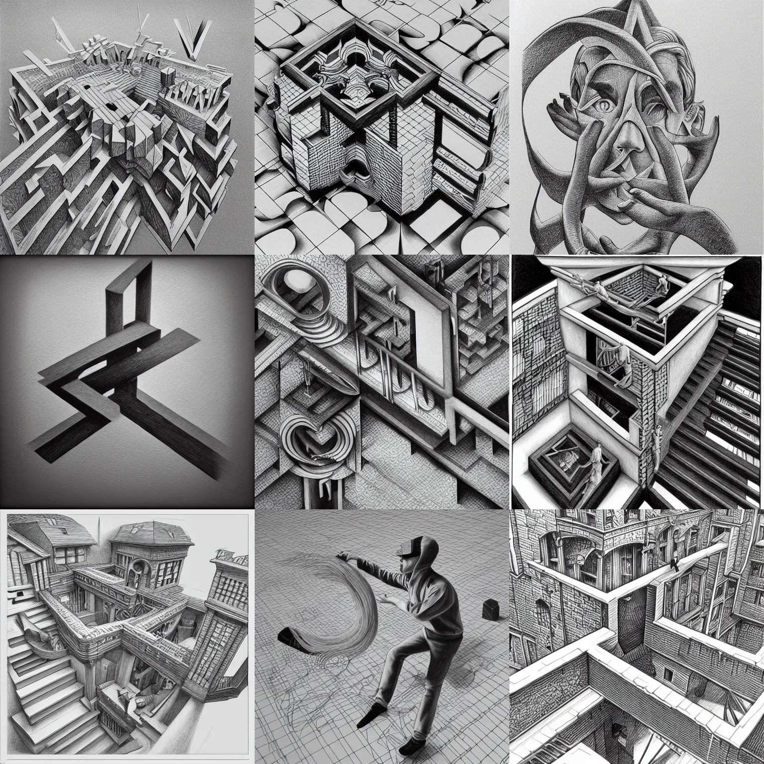 Prompt: MC Escher drawing the infinite, photorealistic 3D-rendering trending on artstation, cgi, black and white