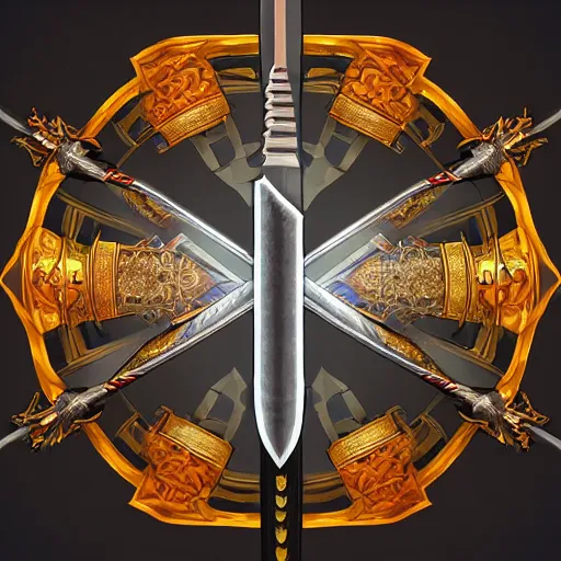 Image similar to concept art of rare legendary sword, perfect symmetry, rpg, digital art, d & d, central symmetrical composition, incredible, digital painting, cinematic view, no noise, global illumination, warm lighting, volumetric, vivid, intricate details, ultra realistic, volumetric lighting, warm colors advance, cell shading