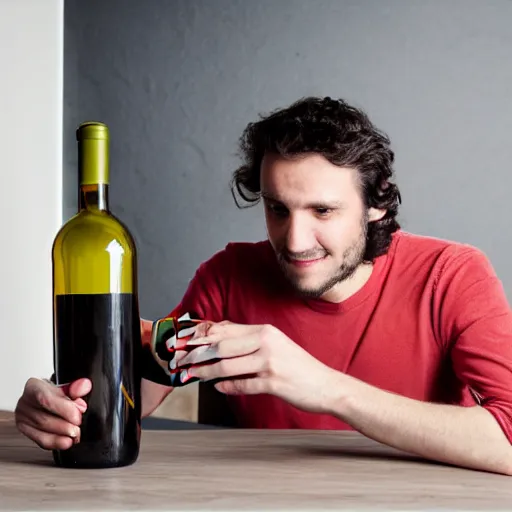 Image similar to portrait of a 3 0 years old frenchman in 2 0 2 0 seated at a table with a bottle of wine. award winning photography, 5 0 mm, studio lighting.