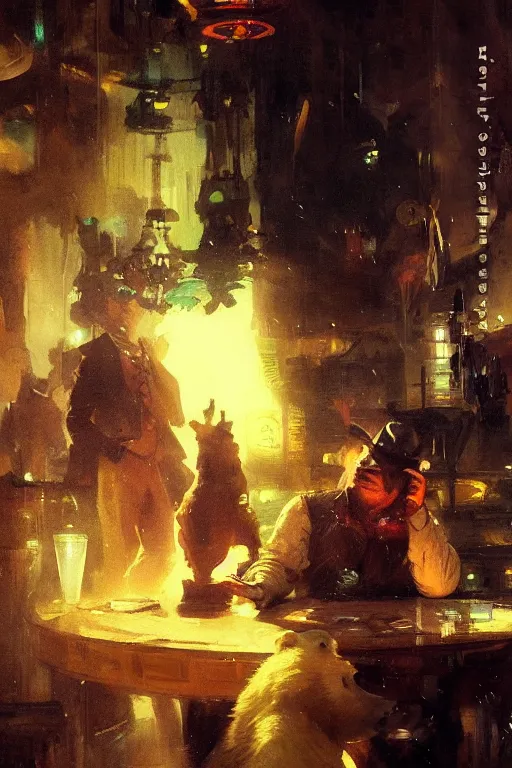 Image similar to portrait of bear gambling in the night club by anders zorn, wonderful masterpiece by greg rutkowski, beautiful cyberpunk lofi cinematic light, by greg manchess, jessica rossier