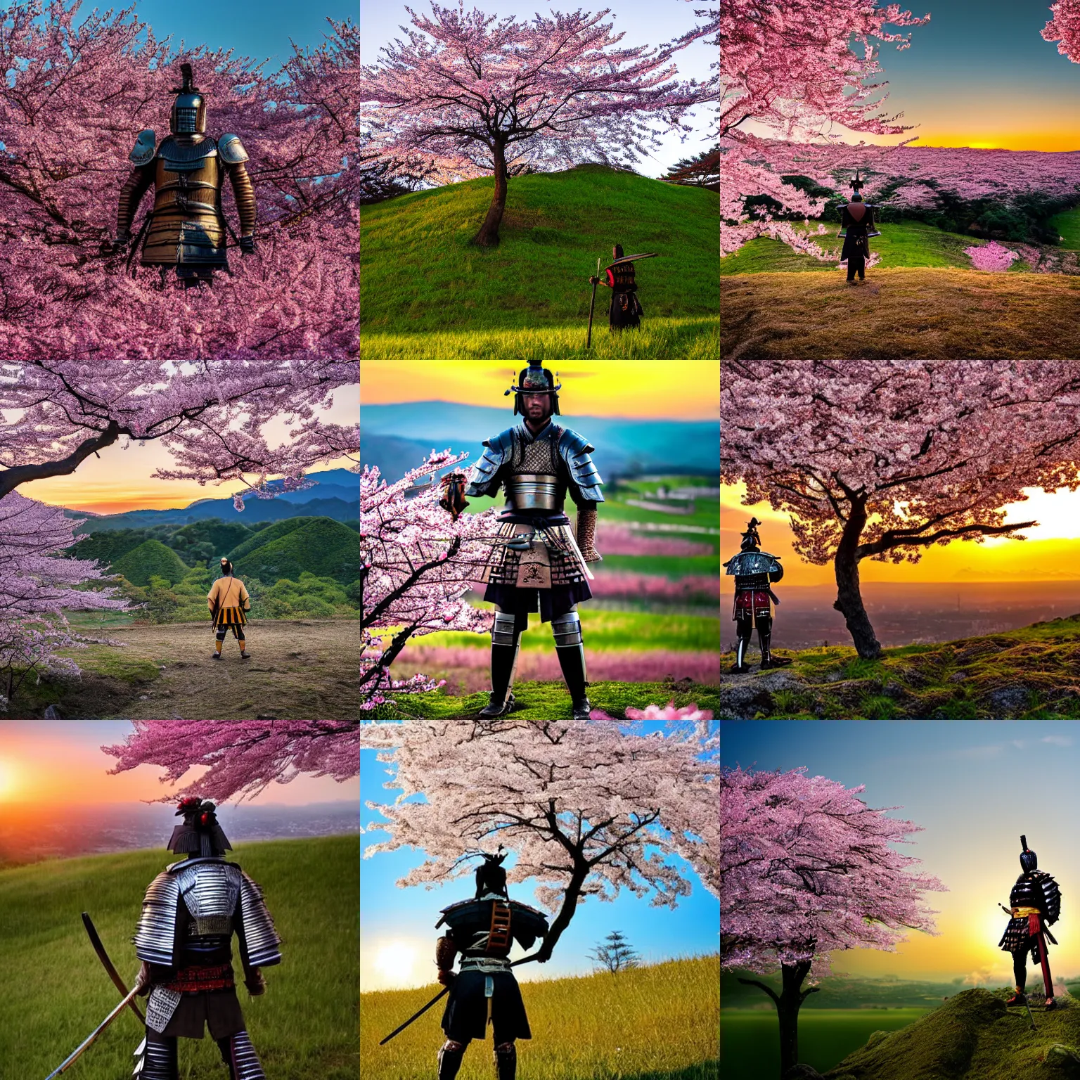 Prompt: samurai in armor standing on a hill at sunset, a cherry blossom tree is next to the samurai