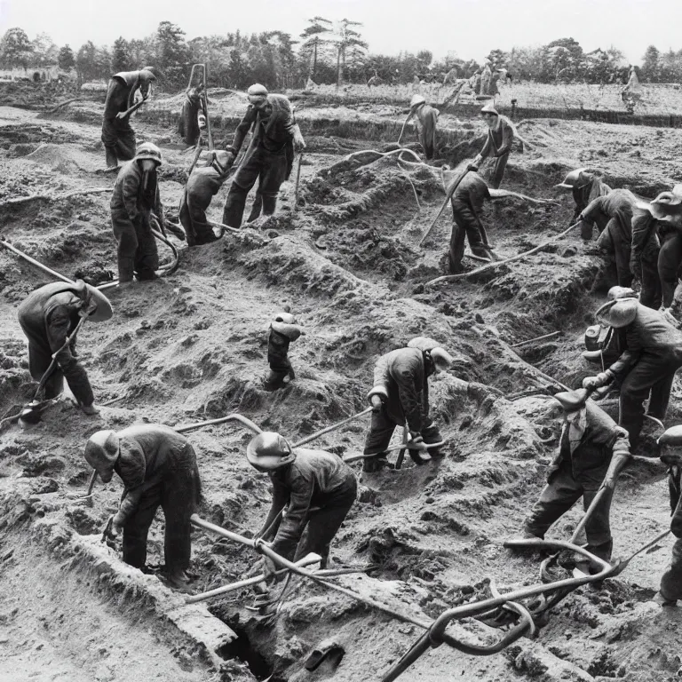 Prompt: archaeologist badgers in 1940s suits digging at the sutton hoo ship burial, black & white photo