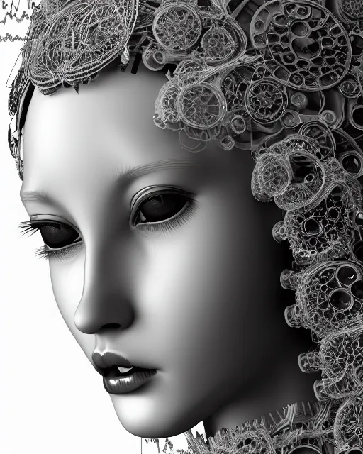 Prompt: mythical dreamy black and white organic translucent bio-mechanical spinal ribbed profile face portrait detail of mechanical beautiful female angelic-human-doll-cyborg, highly detailed, intricate crystal jelly steampunk ornate, poetic, 3D render, digital art, octane render, 8K artistic photography, photo-realistic, by Dora Maar