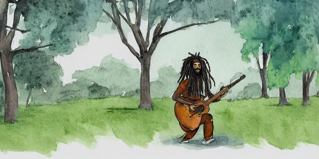 Image similar to side shot of a man with dreadlocks walking while playing the guitar with trees in the background, in watercolor style, animation, concept art