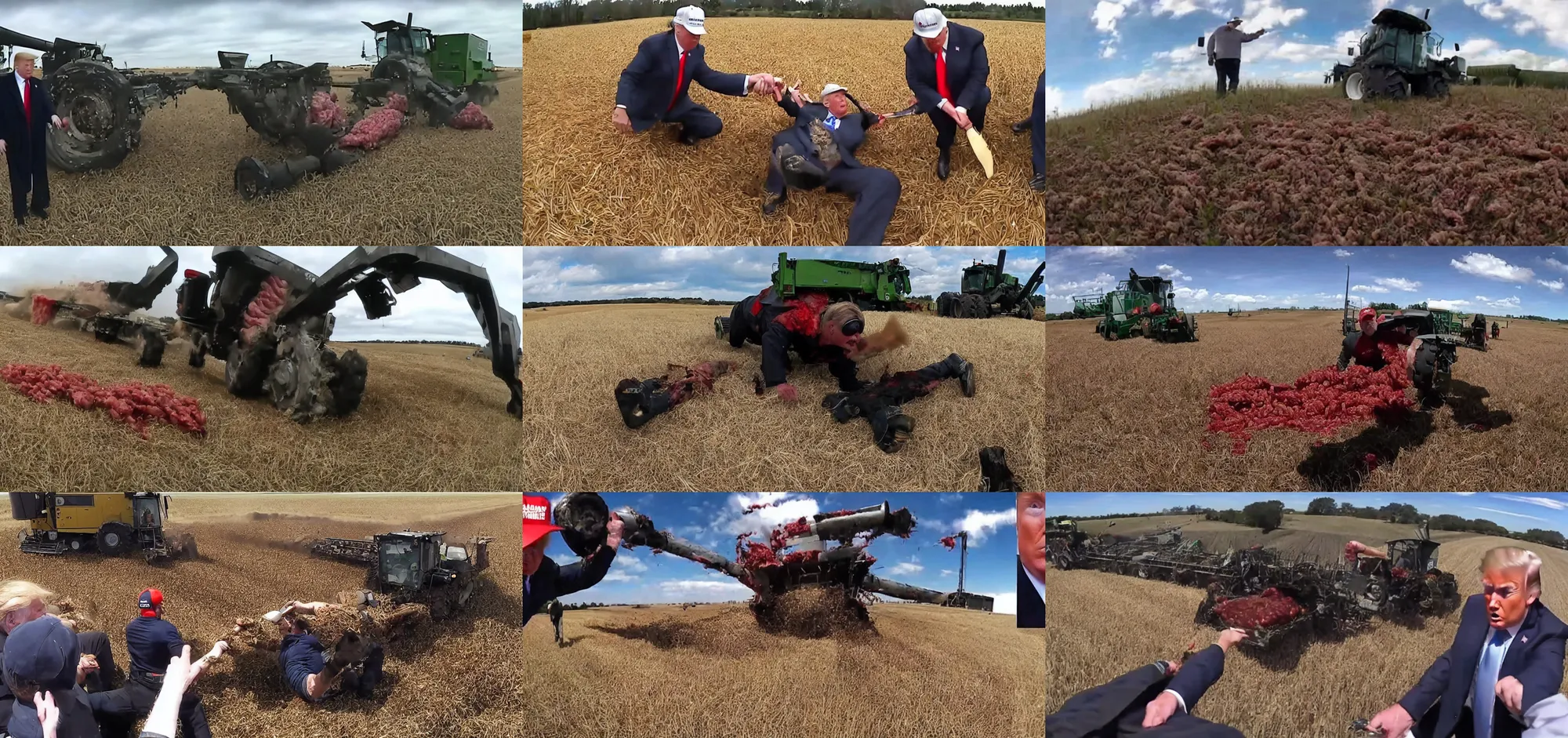 Prompt: gopro footage of trump getting mangled by a combine, blood and bone, ground meat