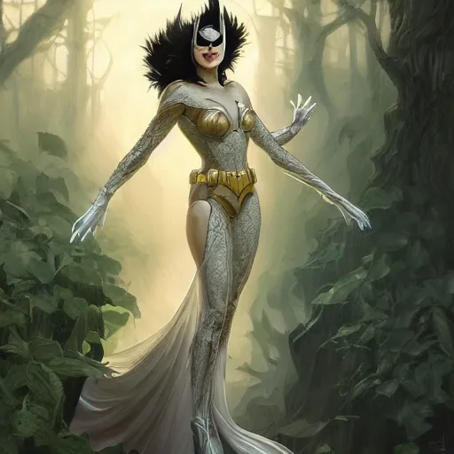 Prompt: portrait of batman as a delicate fragile celestial queen, batman returns, forest, godlike, upper body, fantasy, intricate, elegant, highly detailed, digital painting, artstation, concept art, sharp focus, illustration, art by artgerm and greg rutkowski and alphonse mucha