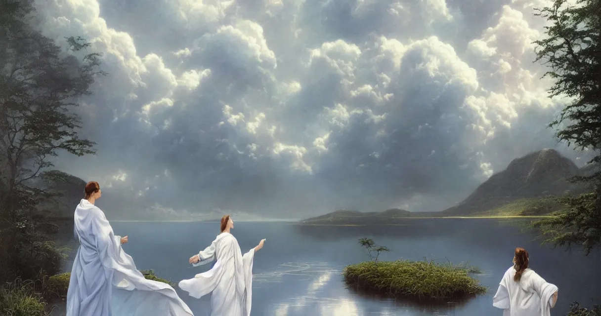 Prompt: a beautiful woman in flowing white robes stands at the end of a long pier a mirror calm lake under an onimous sky under a stormy sky, beautiful matte painting, michael whelan, Moebius, frank frazetta, thomas kinkade, rodney mathews, trending on artstation