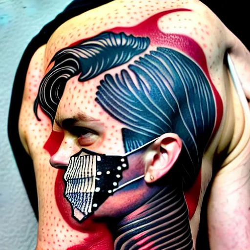 Prompt: a portrait of a man with side profile blood in ocean intricate details :: tattoo on neck :: wearing a mask by MARVEL comics and Sandra Chevrier