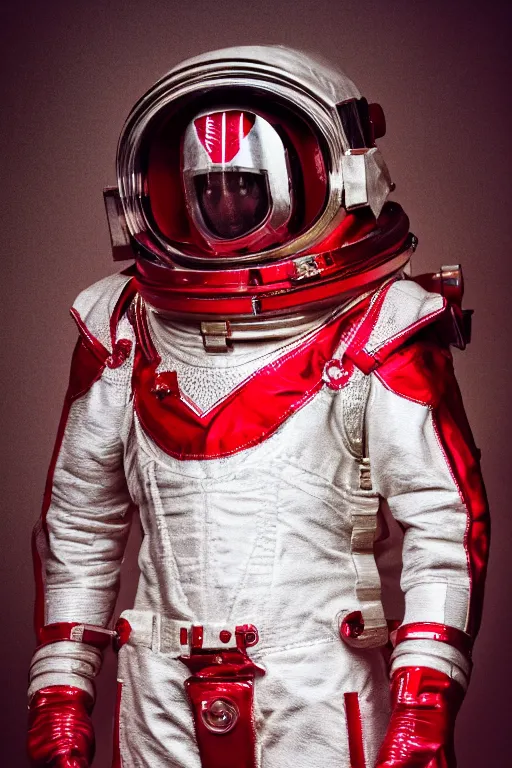 Image similar to photography of red and white space suits designed for knights templar, tubings, helmet with intricate design, golden linings, photo shoot, by annie leibovitz, sigma 85mm 1.4, glows, sharp, high contrast, octane render