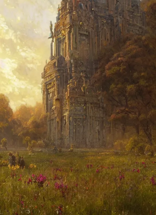 Image similar to giant castle temple megastructure in meadow by gaston bussiere, anna nikonova aka newmilky, greg rutkowski, yoji shinkawa, yoshitaka amano, moebius, donato giancola, geoffroy thoorens, trending on artstation, pixiv, cinematic composition, 8 k