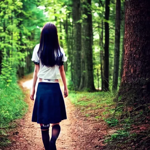 Prompt: anime girl walking in the woods