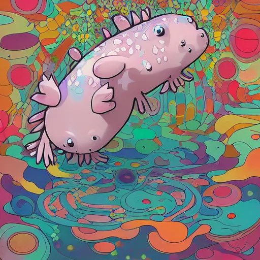 Image similar to axolotl by takashi murakami,, beeple and james jean, aya takano color style, 4 k, super detailed, night sky, digital art, digital painting, celestial, majestic, colorful