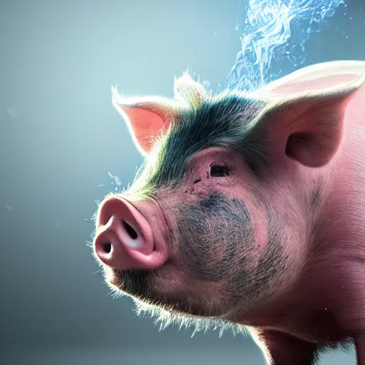 Image similar to Live Action Still of pig spitting fire, real life, hyperrealistic, ultra realistic, realistic, highly detailed, epic, HD quality, 8k resolution, body and headshot, film still, Exquisite detail, post-processing, masterpiece, Cinematic Lighting, Unreal Engine, 8k, HD, white background