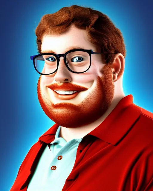 Prompt: pleasant, happy, mildly - overweight, nerdy man character portrait, wearing polo shirt, dark auburn wavy hair, full beard, glasses without frames, freckles, by don bluth, highly detailed, dynamic shadows, 4 k, wallpaper - 1 0 2 4