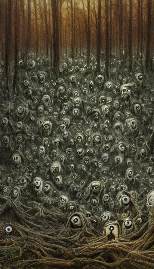 Prompt: a storm vortex made of many demonic eyes and teeth over a forest, by alyssa monks