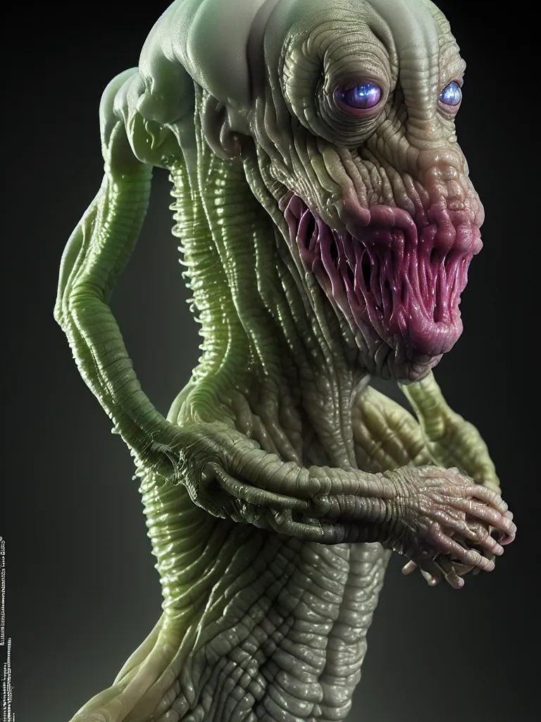 Image similar to hyperrealistic rendering, fat smooth cronenberg flesh monster transparent grey alien by donato giancola and greg rutkowski and wayne barlow and zdzisław beksinski, product photography, action figure, sofubi, studio lighting, colored gels, colored background