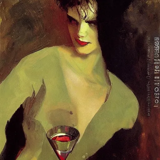 Image similar to portrait of a mysterious woman drinking a martini, by Ilya Repin and Dave McKean