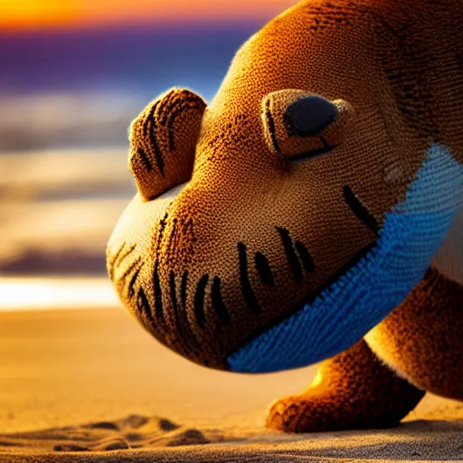 Image similar to a closeup photorealistic photograph of a cute smiling knitted tiger hippopotamus chasing towards a beachball at sunset. surf in background. professional capture. brightly lit scene. this 4 k hd image is trending on artstation, featured on behance, well - rendered, extra crisp, features intricate detail, epic composition and the style of unreal engine.