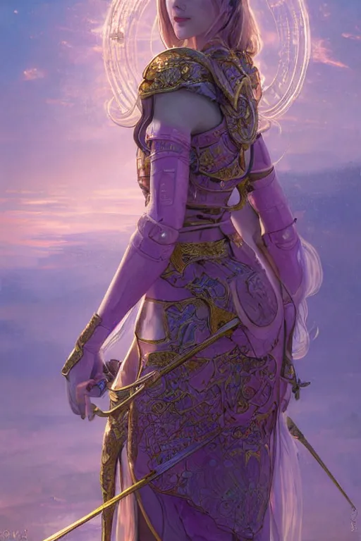 Image similar to portrait knights of Zodiac girl, metalic pink and pastel purple reflected armor, in ruined Agora of Athens sunrise, ssci-fi, fantasy, intricate, very very beautiful, elegant, golden light, highly detailed, digital painting, artstation, concept art, smooth, sharp focus, illustration, art by tian zi and WLOP and alphonse mucha