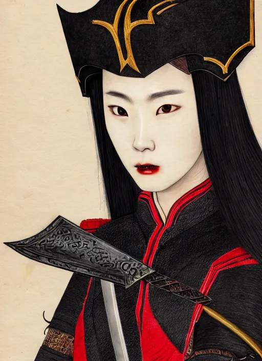 Image similar to full portrait of female vampire jinyiwei wearing black heavy armor and pointed helmet, agile, absurdly beautiful, facial scar, imposing, jinyiwei, embroidered uniform guard, secret agent, detective, chinese armor, historical armor, pointed helmet, katana, nodachi, japanese sword, ming dynasty, detailed, realistic face, anatomically accurate, fantasy art.