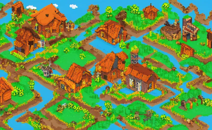 Image similar to a small village in a valley, villagers busy farming, a dragon approaching from a distance, pixel art