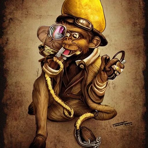 Prompt: cool monkey with banana in steampunk style, digital art, high quality, artstation