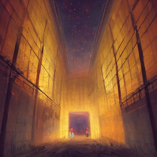 Image similar to a chinese prison at night lit by the stars, wispy smoke, highly detailed, very intricate, symmetrical, cinematic lighting, award - winning, painted by mandy jurgens, peter doig, dystopian, bold colors, dark vibes, anime aesthetic, featured on artstation