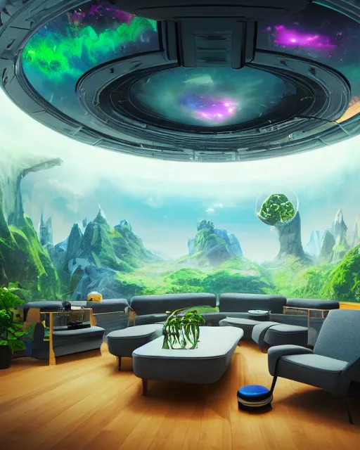 Prompt: artstation scifi scene of a safe room as ikea ad, lounge furniture, sky mural on the room ceiling, holographic nature art walls, large terrarium, paneled walls, unreal engine 5, hyper realism, realistic shading, cinematic composition, blender render, octane render, hdr, detailed textures, photorealistic, wide shot