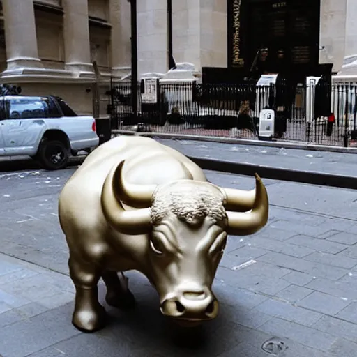 Image similar to photo of The Wall street bull shocked about the stock market crash, highly detailed