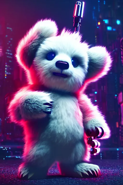 Prompt: high quality 3 d render very cute fluffy cyborg!! bear! plays huge electric guitar, cyberpunk highly detailed, unreal engine cinematic smooth, in the style of blade runner & detective pikachu, hannah yata charlie immer, moody light, low angle, uhd 8 k, sharp focus