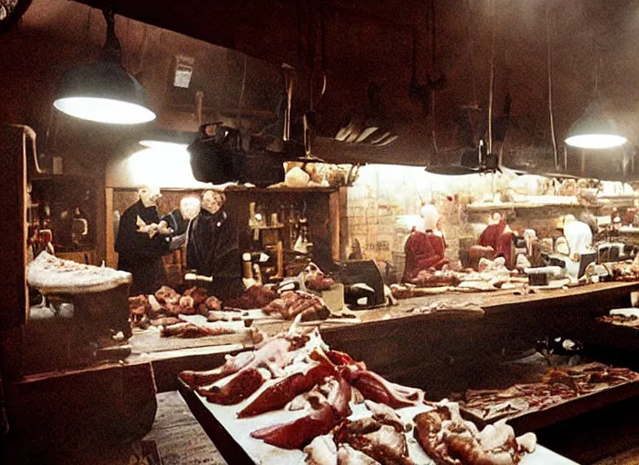 Prompt: a film still of a butchery in harry potter