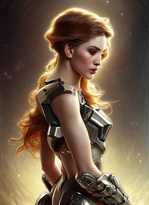 Prompt: glamorous else portrait, seductive eyes and face, elegant, lascivious pose, very detailed face, studio lighting, photorealism, wearing Forerunner armor from Halo portrait by Magali Villeneuve and Steve Argyle,Livia Prima,Mucha,dress,fantasy art,beautiful,artstation,trending on artstation,intricate details,alluring,masterpiece