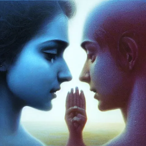 Image similar to perfectly - centered movie promotional poster - photograph of a young indian guy and a beautiful girl side profile faces symmetrical ; real life portrait by beksinski and jean delville, romantic theme, two lovers sharing one heart, unreal engine 5, photorealism, hd quality, 8 k resolution, cinema 4 d, hdr dramatic lighting ; symmetrical, cinematic, high coherence