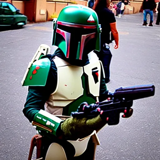 Image similar to boba fett poses as a selfi girl