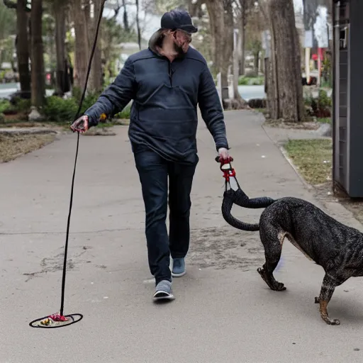 Image similar to photo of a man walking a bizarre creature on a leash like a dog