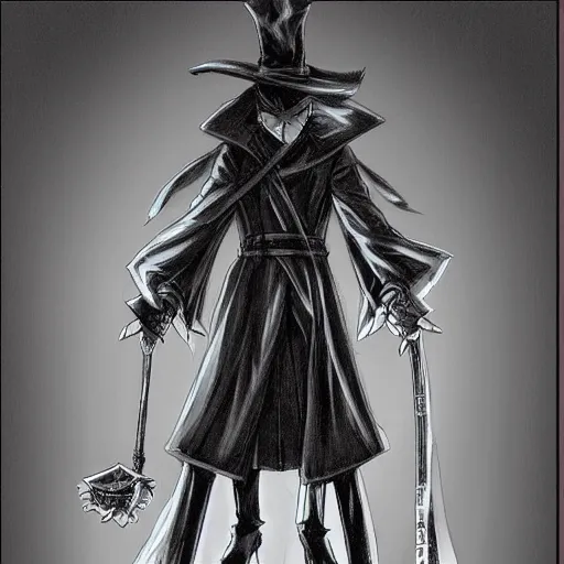 Prompt: adult male ; black mage ; large wizard hat with very long brim hiding face ; high collar ; wearing long coat ; drawn by hirohiko araki ; detailed manga art ; anime key visual ; cinematic ; trending on artstation ; high detail ; digital art