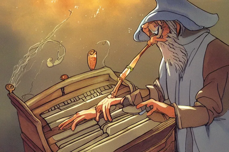 Prompt: A cell animation of an old wizard playing a magical pipe organ, Nausicaa of the Valley of the Wind, Miyazaki Hayao, ghibli style, illustration, anime, trending on artstaion