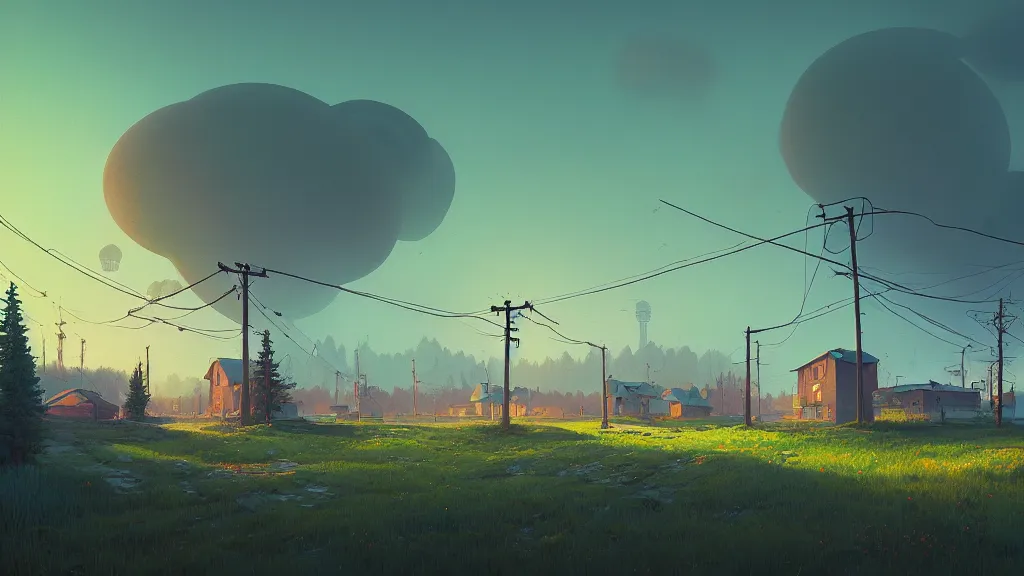 Prompt: gloomy russian village landscape by simon stalenhag, beeple, makoto shinkai, digital painting, fibonacci, trending on artstation, mandelbrot, beautiful, weird, cyberpunk, flowers, robot