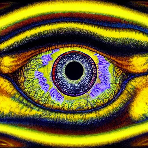 Image similar to A beautiful mixed mediart a large eye that is looking directly at the viewer. The eye is composed of a myriad of colors and patterns, and it is surrounded by smaller eyes. The smaller eyes appear to be in a state of hypnosis, and they are looking in different directions. astrophotography, bright yellow by Peter Kemp, by John Butler Yeats dismal