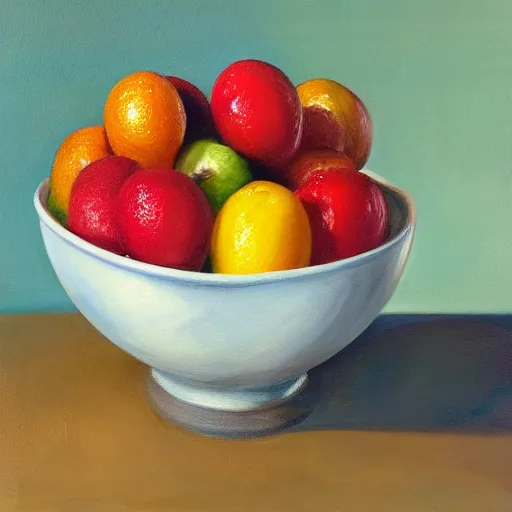 Prompt: a hyperrealistic painting of fruit in a bowl