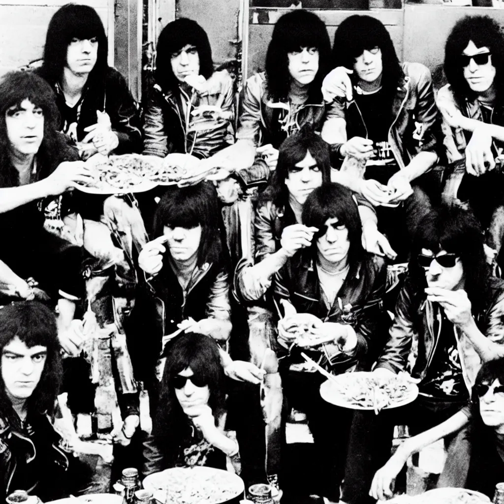 Prompt: the ramones band eating tacos in front of cbgb black and withe 7 0 s photography style