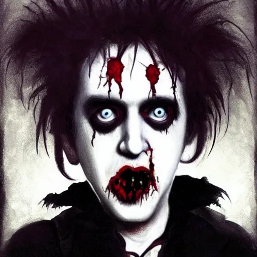 Image similar to early picture of robert smith from the eighties as a cute zombie, 7 days to die zombie, fine art, award winning, intricate, elegant, sharp focus, cinematic lighting, digital painting, 8 k concept art, art by z. w. gu, art by brom, art by michael hussar, 8 k