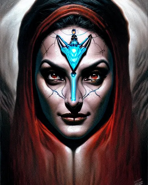 Image similar to symmetra from overwatch, character portrait, portrait, close up, concept art, intricate details, highly detailed, horror poster, horror, vintage horror art, realistic, terrifying, in the style of michael whelan, beksinski, and gustave dore