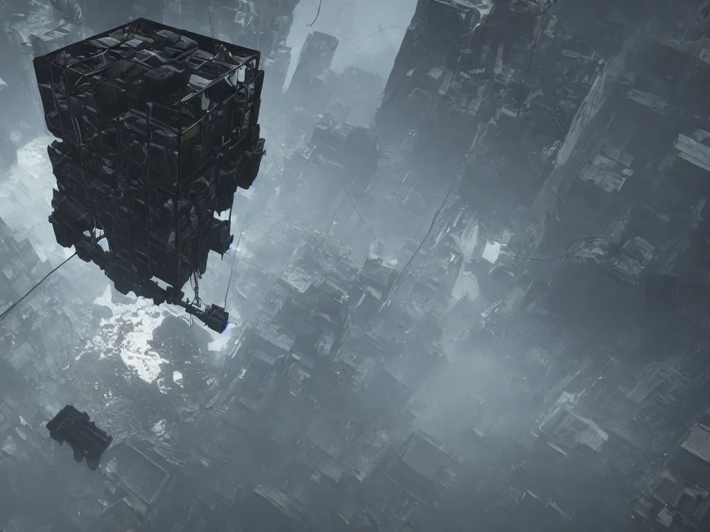 Image similar to Death Stranding black cube in air, rendered in Unreal